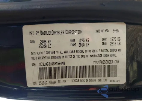 2006 Chrysler 300C z USA, uszkodzony, nr VIN 2C3LA63H46H159448